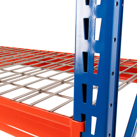 Wire mesh shelving deck showing open steel mesh surface and load supports