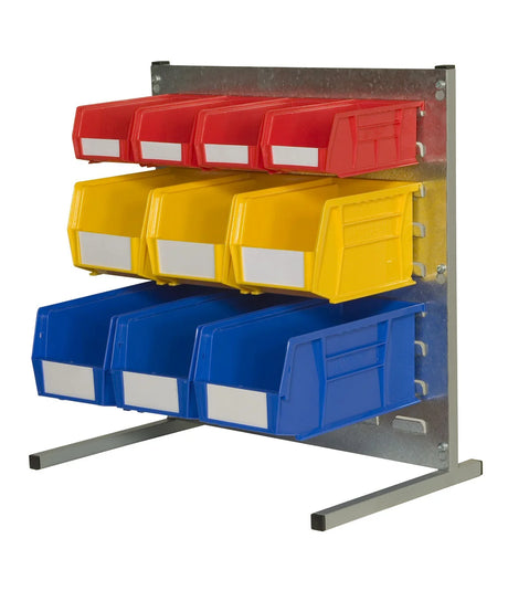 Bench mounted louvre panel bins with plastic storage bins for small parts