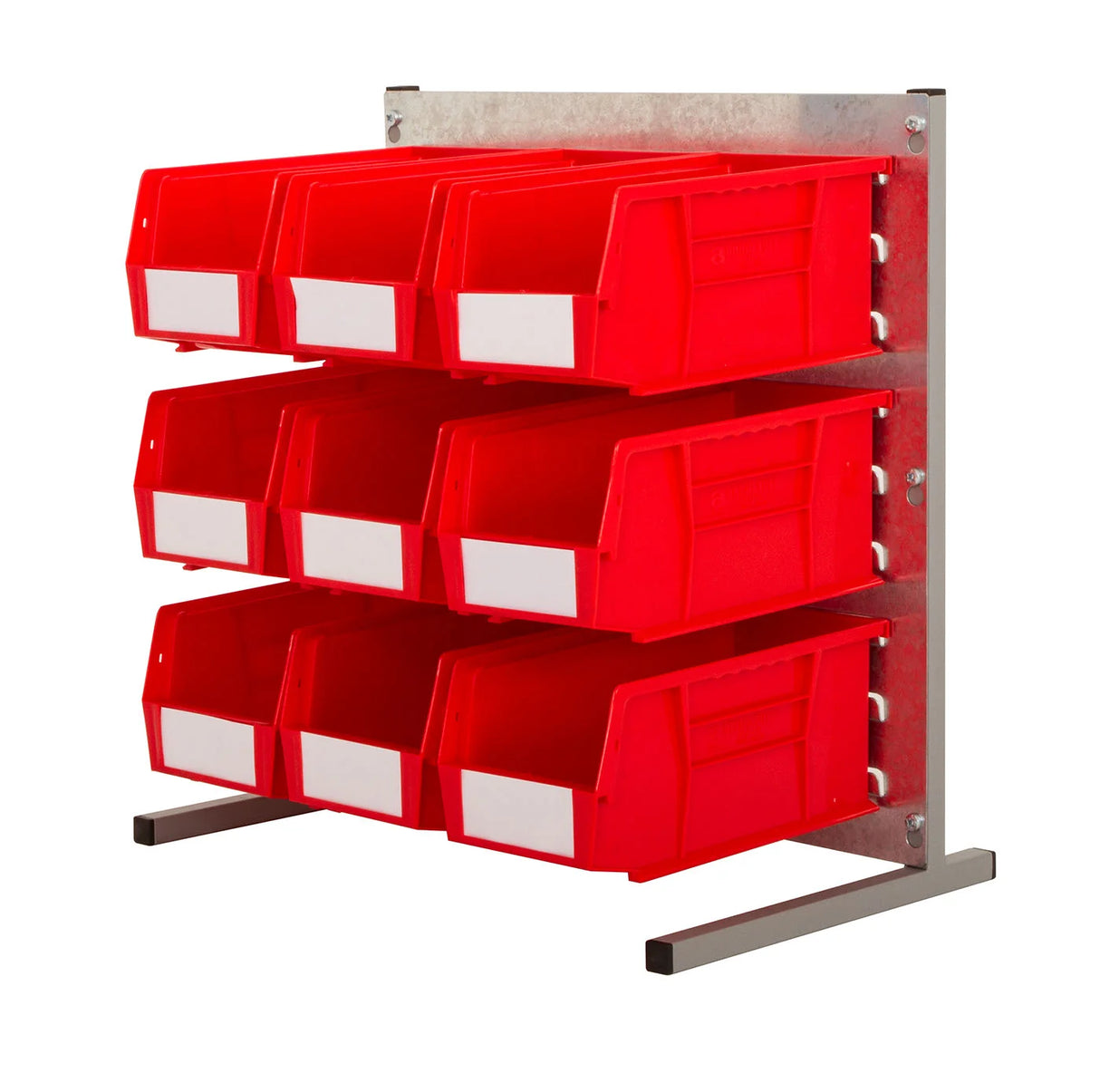 Workbench storage bins arranged on louvre panel bench stand