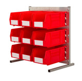 Workbench storage bins arranged on louvre panel bench stand