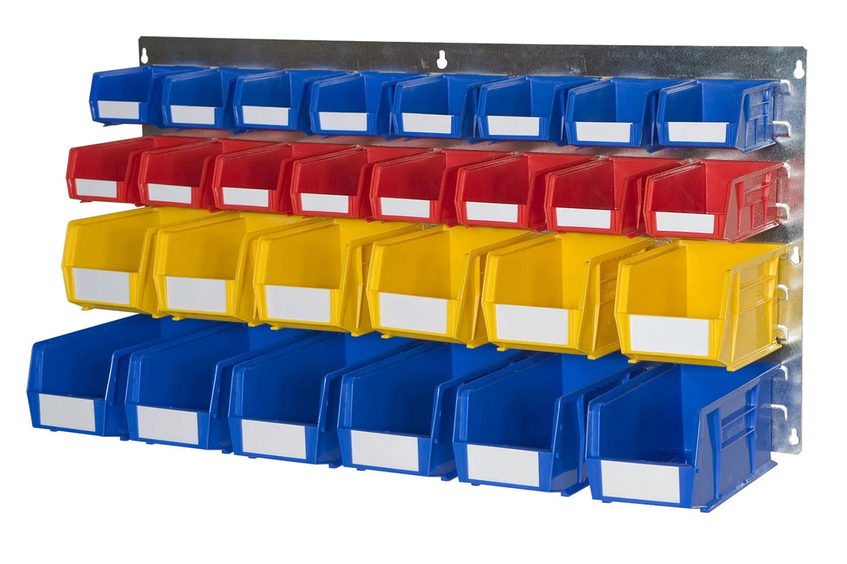 plastic bins louvre panel kits arranged for industrial workshop storage