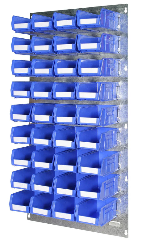plastic parts bins organised on louvre panel