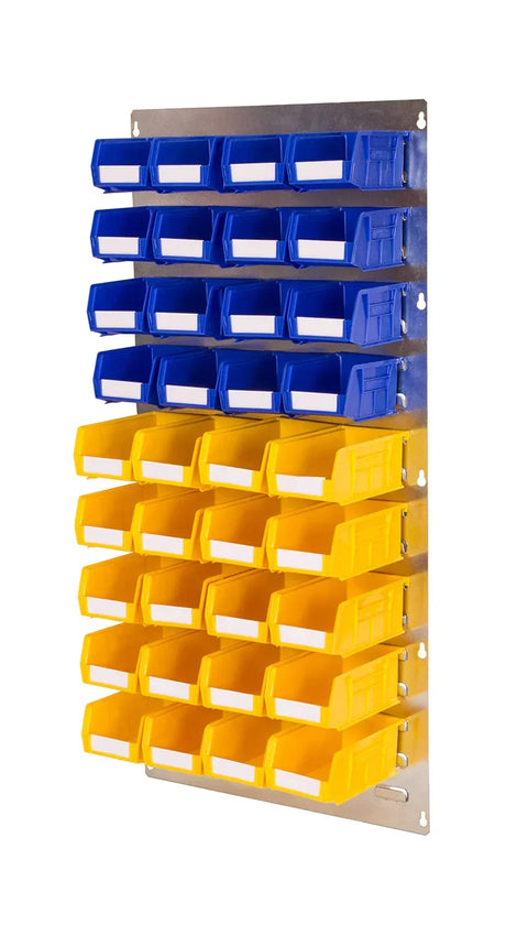blue wall mounted plastic bins for small parts storage