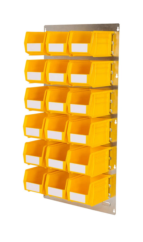yellow plastic bins arranged on louvre panel system