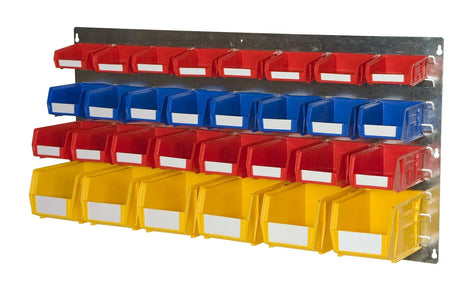 yellow plastic bins on steel louvre panel system