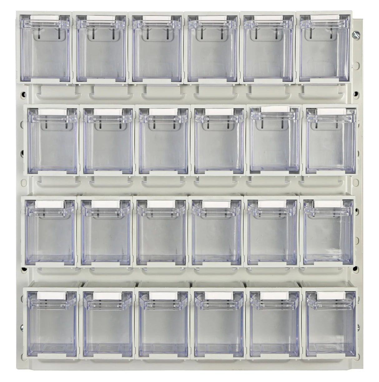 Tilt bin panel kit mounted on louvre panel for small parts storage