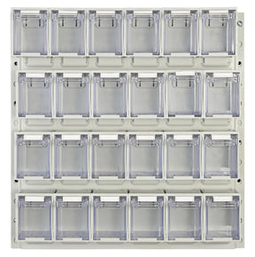 Tilt bin panel kit mounted on louvre panel for small parts storage