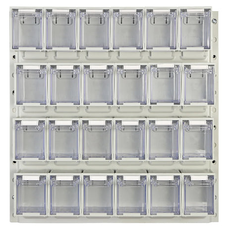 Tilt bin panel kit mounted on louvre panel for small parts storage