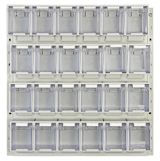 Tilt bin panel kit mounted on louvre panel for small parts storage