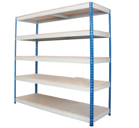 Boltless racking with five shelves assembled for industrial storage