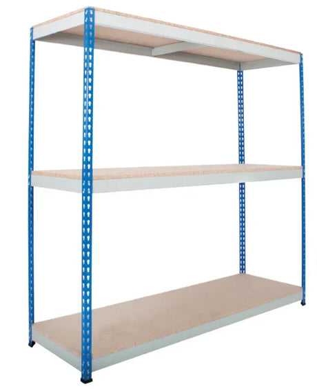 Heavy duty rivet racking with three shelves and chipboard decks