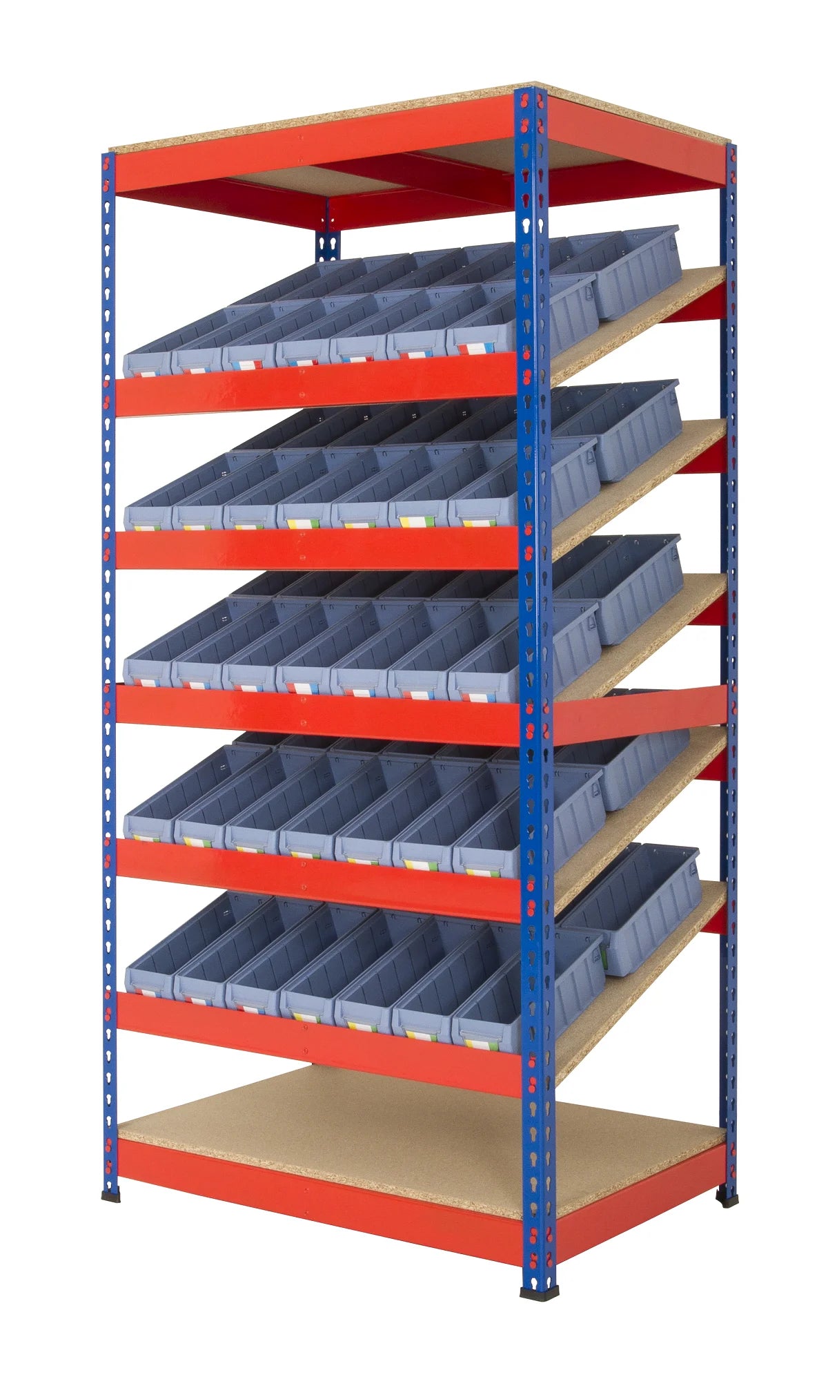 kanban storage system with sloping shelves and shelf trays for production line picking