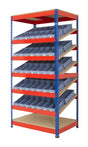kanban storage system with sloping shelves and shelf trays for production line picking