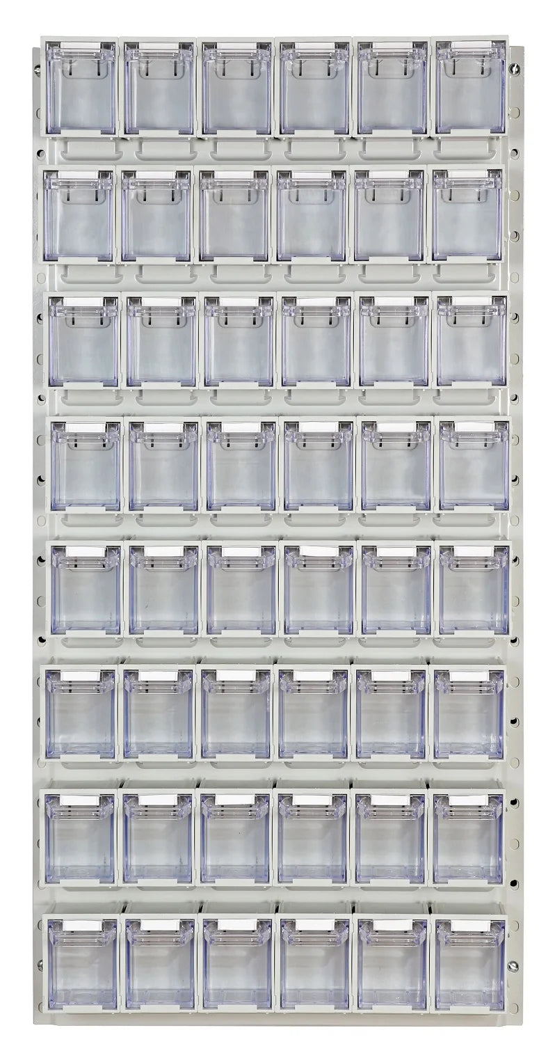 Tall storage board fitted with multiple clear containers