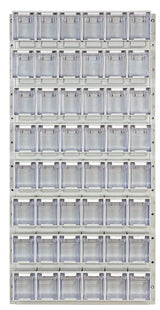Tall storage board fitted with multiple clear containers