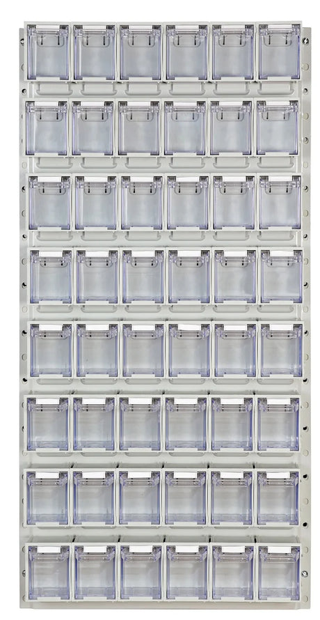 Tall storage board fitted with multiple clear containers