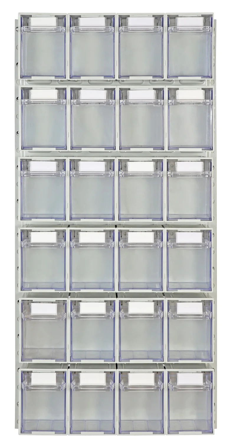 Vertical storage layout with stacked clear containers