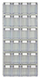 Vertical storage layout with stacked clear containers