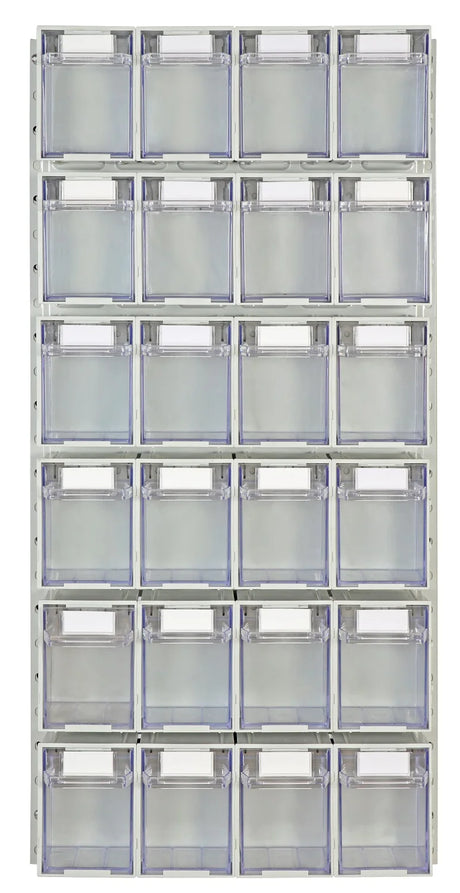 Vertical storage layout with stacked clear containers