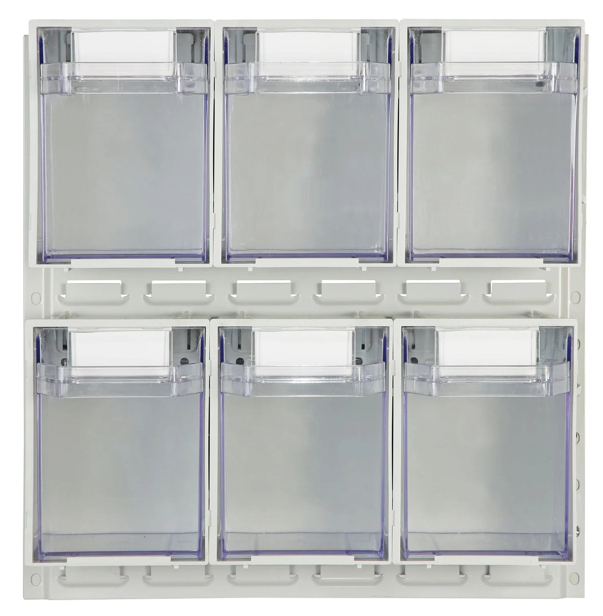 Clear plastic containers mounted to metal backing board