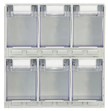 Clear plastic containers mounted to metal backing board