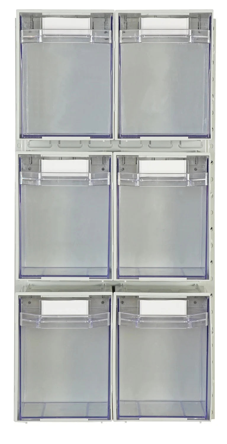 Compact wall-mounted storage setup with clear containers