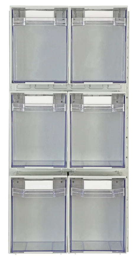 Compact wall-mounted storage setup with clear containers
