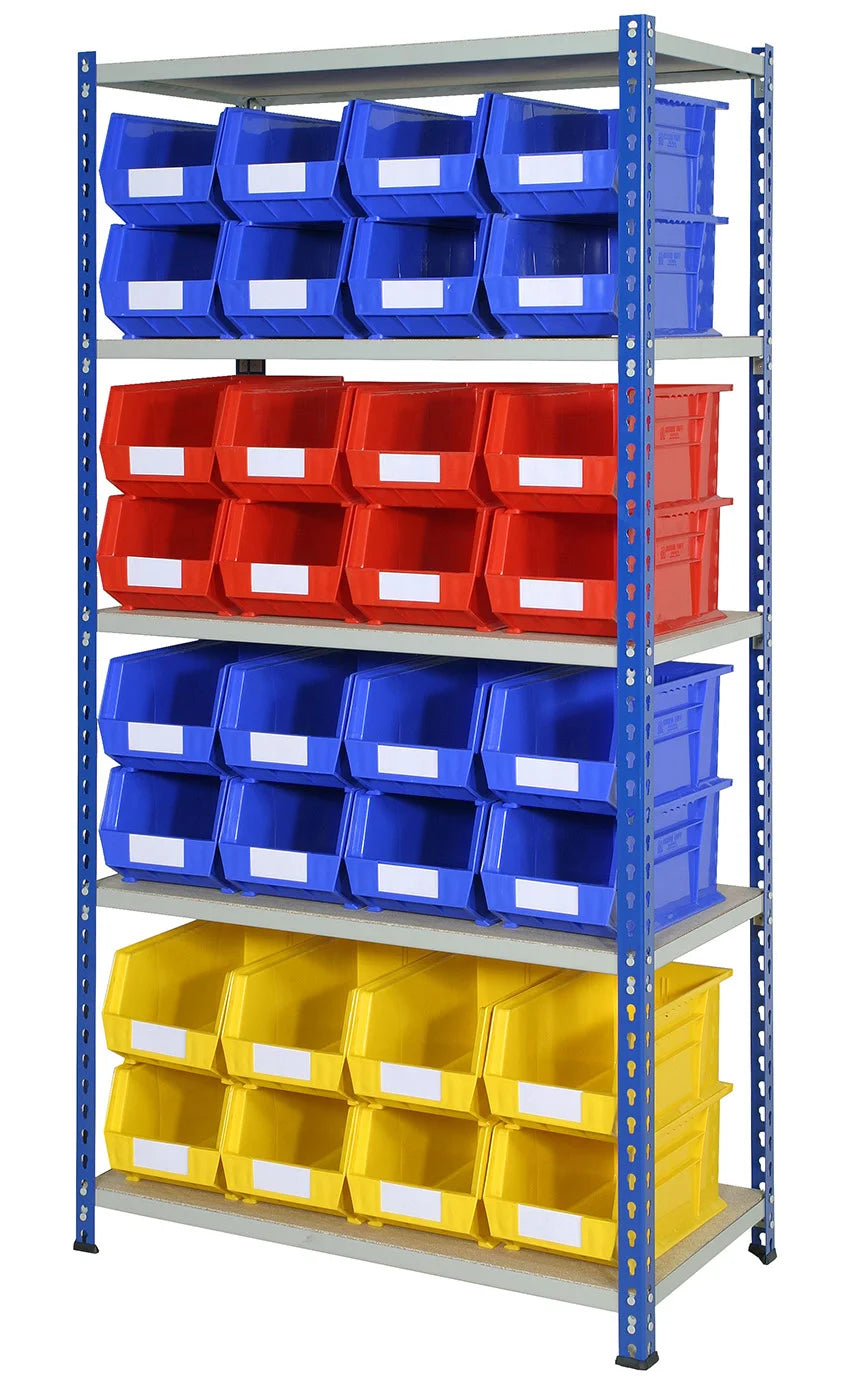 Mixed-size open containers arranged for organised parts storage