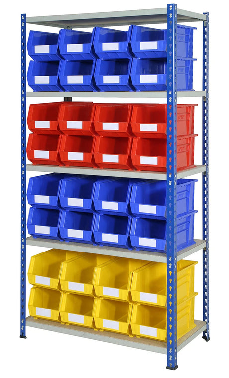 Mixed-size open containers arranged for organised parts storage