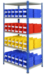 Shelving bay fitted with mixed-size plastic bins for organised storage
