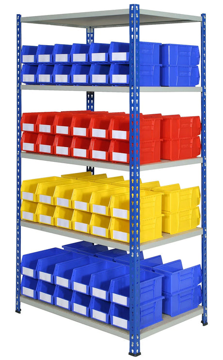 Shelving bay fitted with mixed-size plastic bins for organised storage