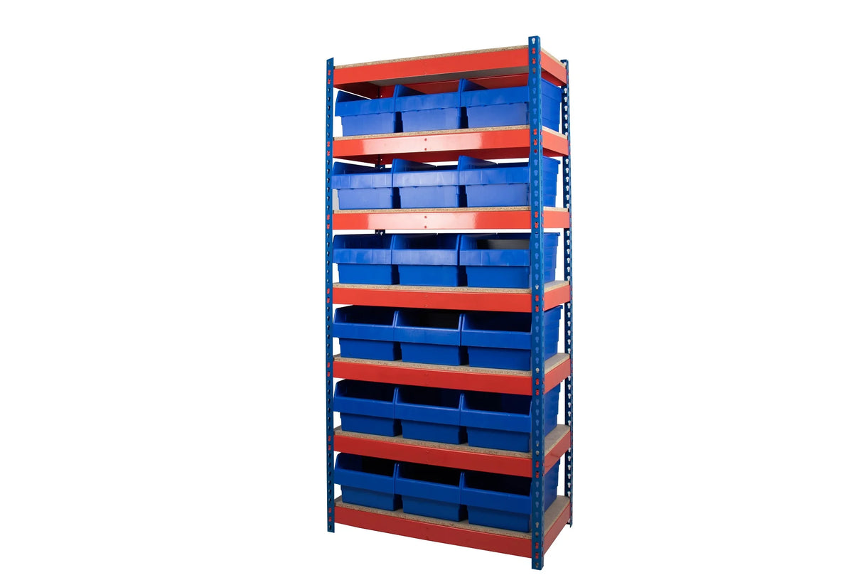 Industrial plastic shelf bins installed on rivet racking system