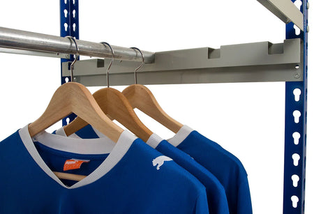 Zinc coated hanging rail detail on rivet racking garment system