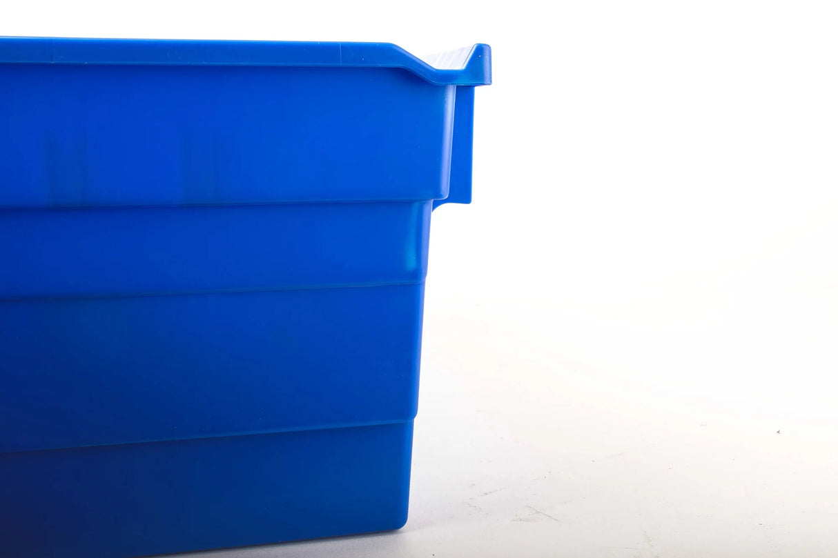 Large plastic shelf bin with semi-open front and labelling area