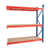 Heavy duty longspan shelving with chipboard decking and Z profile beams