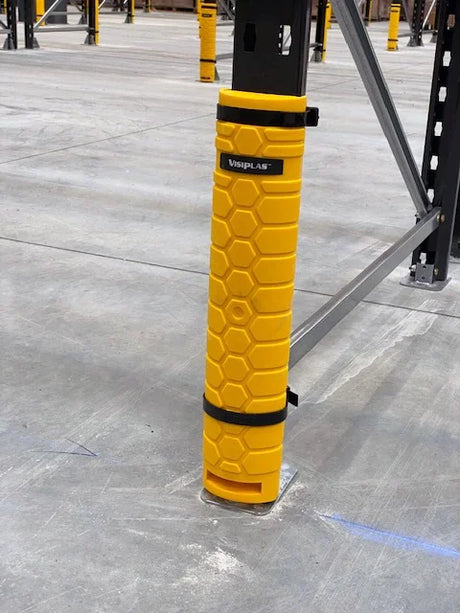Rack upright guard fitted to pallet racking upright