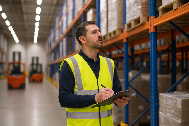 a man in a UK warehouse wearing a hi-vis vest looking at the pallet racking taking notes with a clipboard. Forklift trucks in the background working in a busy well lite warehouse 