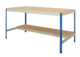 Workbench with half undershelf and boltless rivet workbench construction