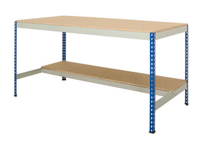 Workbench with half undershelf and boltless rivet workbench construction