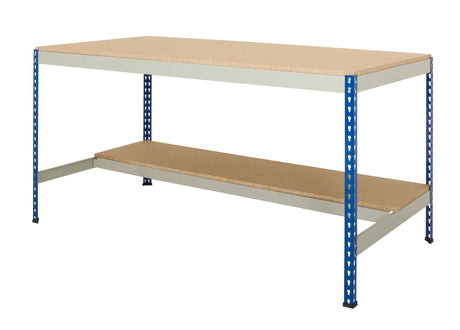 Workbench with half undershelf and boltless rivet workbench construction