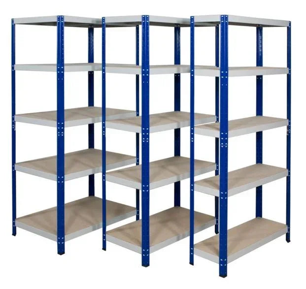 Five tier storage shelves arranged in a multi-bay layout