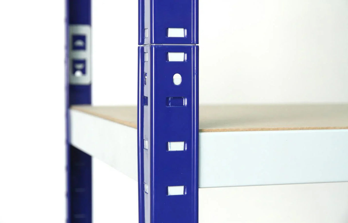 Steel upright profile detail on boltless metal shelving frame