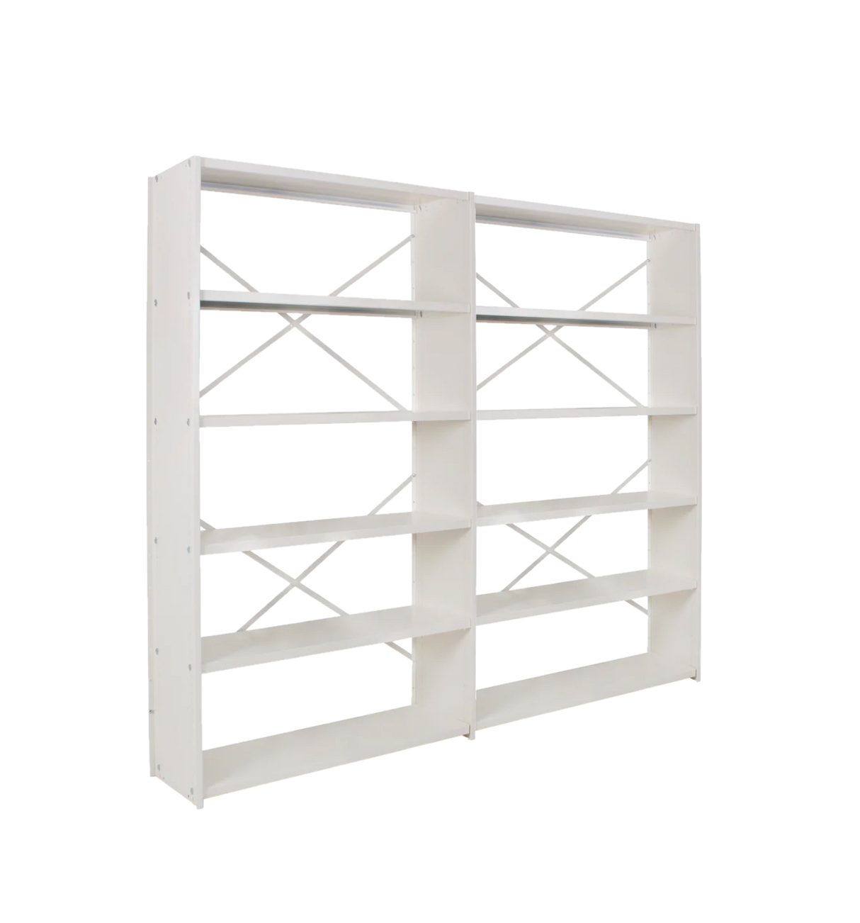 White metal office shelving system arranged in a multi-bay layout