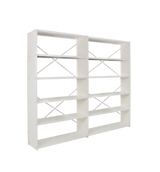 White metal office shelving system arranged in a multi-bay layout
