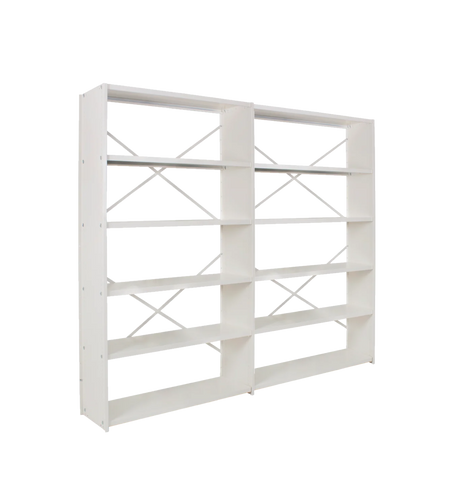 White metal office shelving system arranged in a multi-bay layout