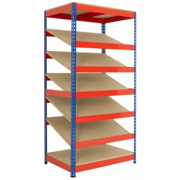 Kanban shelving system with five sloping shelves for line-side supply