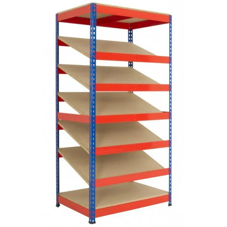 Kanban shelving system with five sloping shelves for line-side supply