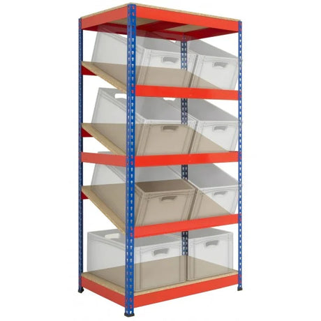 Kanban racking system with sloping shelves for stock rotation