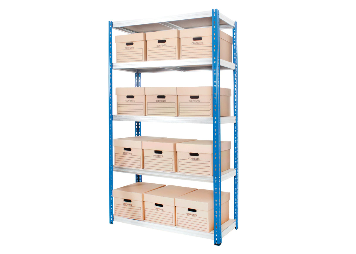 steel shelving bay with chipboard shelf levels and boxed storage