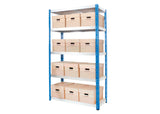 steel shelving bay with chipboard shelf levels and boxed storage